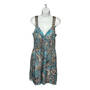 Trina Turk Silk Dress Size 10 Sleeveless Smocked V-Neck Print Above Knee Chic